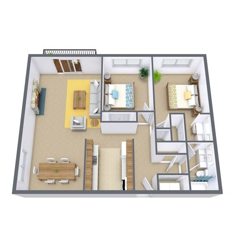 Floor plan for 2 beds, 1 bath, 1050 sqft